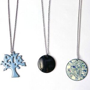 Three enamel copper necklaces, blue tree, circle pendants, vintage stamps